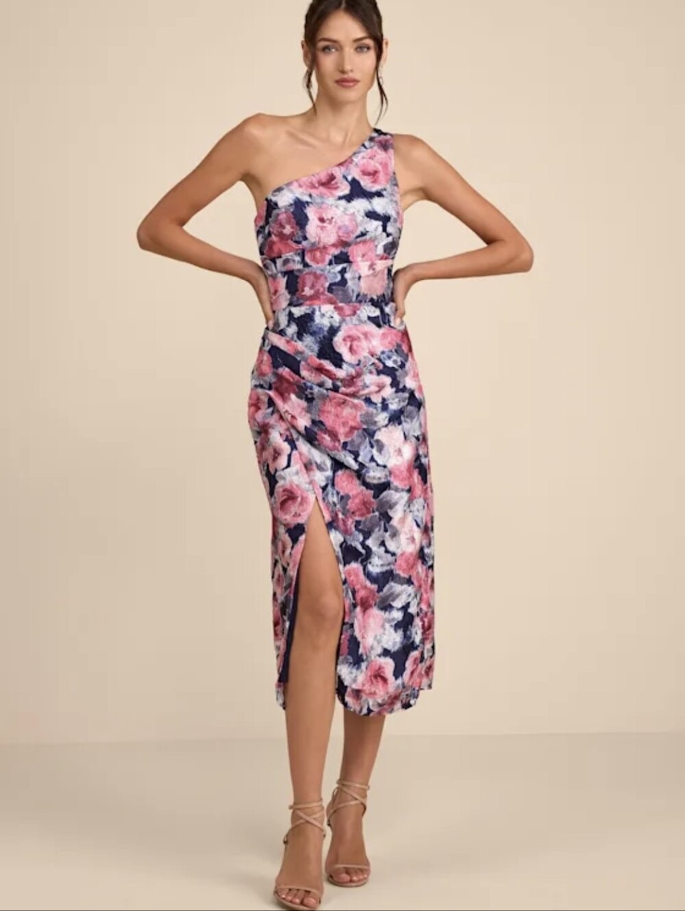 Lulus Navy Floral Jemmilah One Shoulder Midi Dress Sz.L NWT s